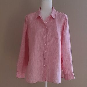LLBean Womens Linen Pink Striped Button Down Long Sleeve Shirt Size PL
